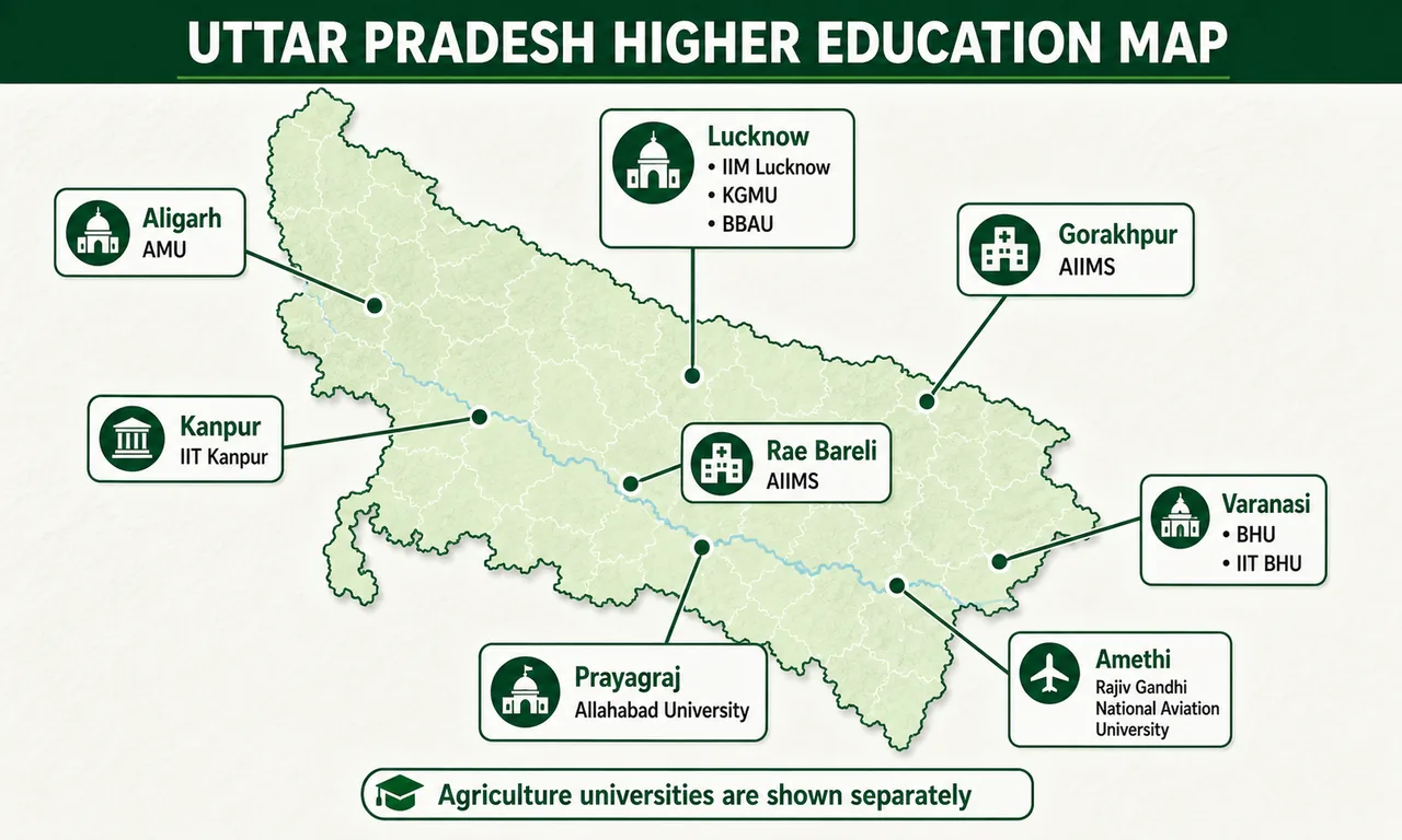 Map of major higher education institutions in Uttar Pradesh including AMU BHU IIT Kanpur IIM Lucknow AIIMS and Allahabad University