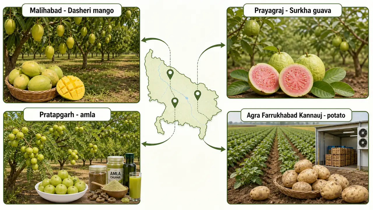 Uttar Pradesh horticulture identity board linking Malihabad with Dasheri mango, Prayagraj with Surkha guava, Pratapgarh with amla, and the Agra Farrukhabad Kannauj belt with potato
