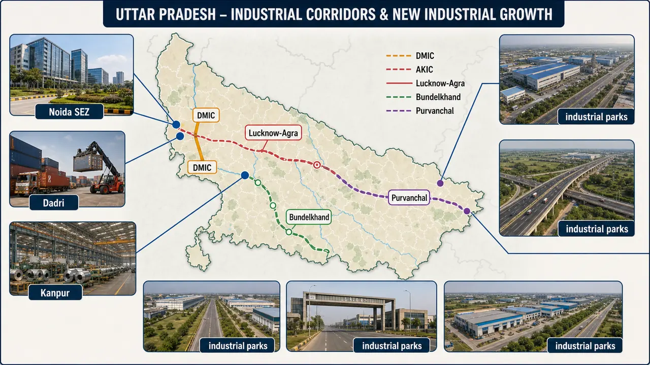 Uttar Pradesh industrial corridors showing Noida SEZ, Dadri, Delhi Mumbai Industrial Corridor, and expressway linked industrial parks