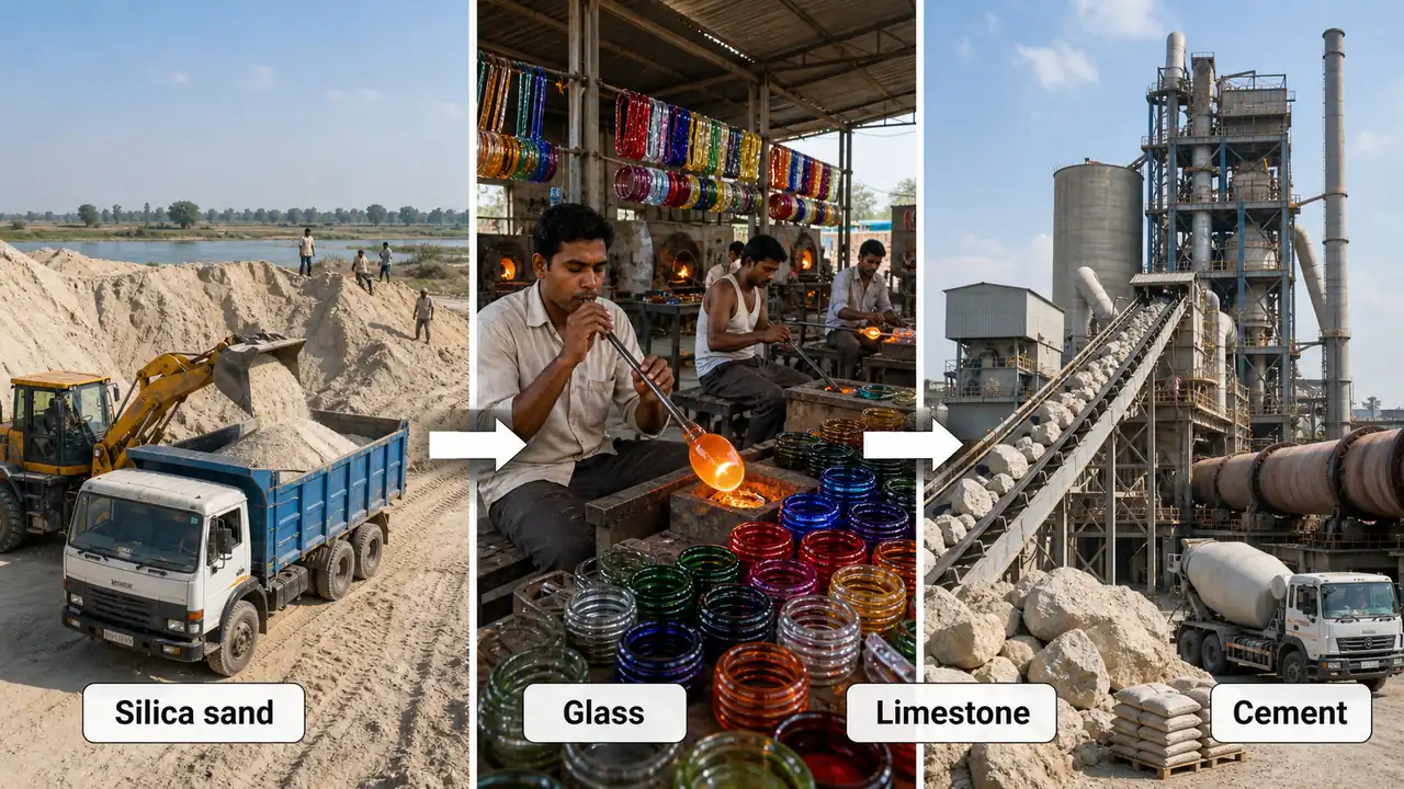 UP industrial mineral linkages showing silica sand glass and limestone cement uses