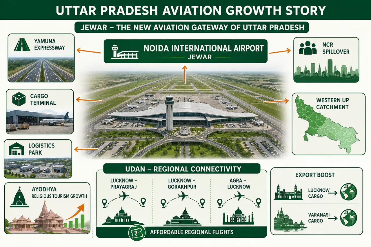 Noida International Airport Jewar growth story with UDAN routes cargo logistics and western UP connectivity