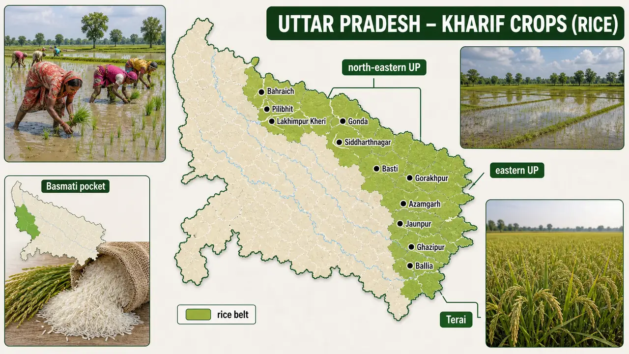 Main rice growing kharif belt of Uttar Pradesh across eastern, north eastern, and Terai districts with a separate Basmati pocket in western UP