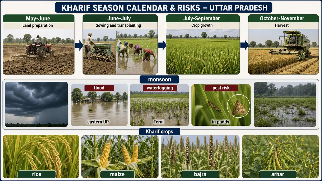 Kharif crop calendar in Uttar Pradesh showing monsoon sowing, crop growth, harvest timing, and risks like flood, waterlogging, and pest attack