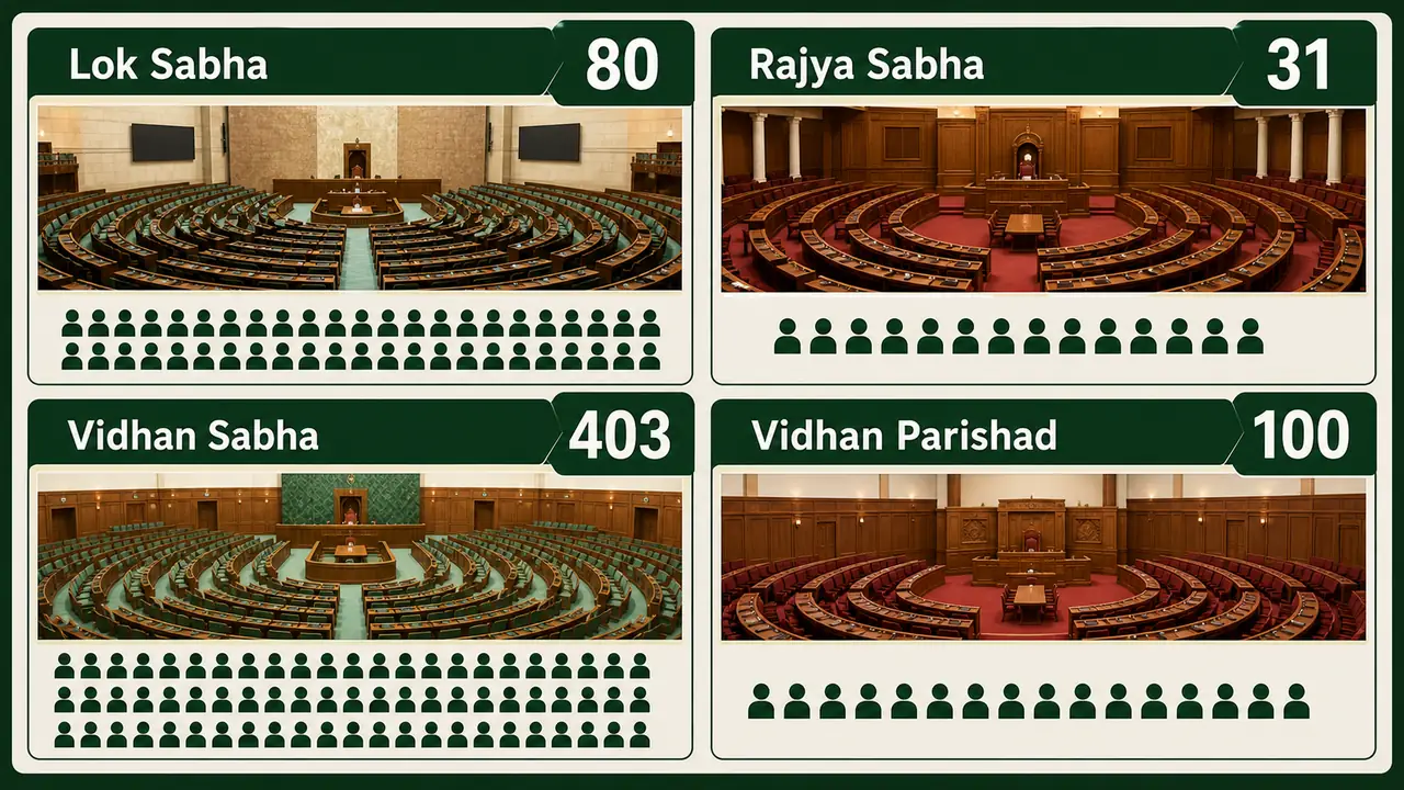 Comparison of Lok Sabha, Rajya Sabha, Uttar Pradesh Vidhan Sabha, and Vidhan Parishad seat counts with the UP legislature highlighted