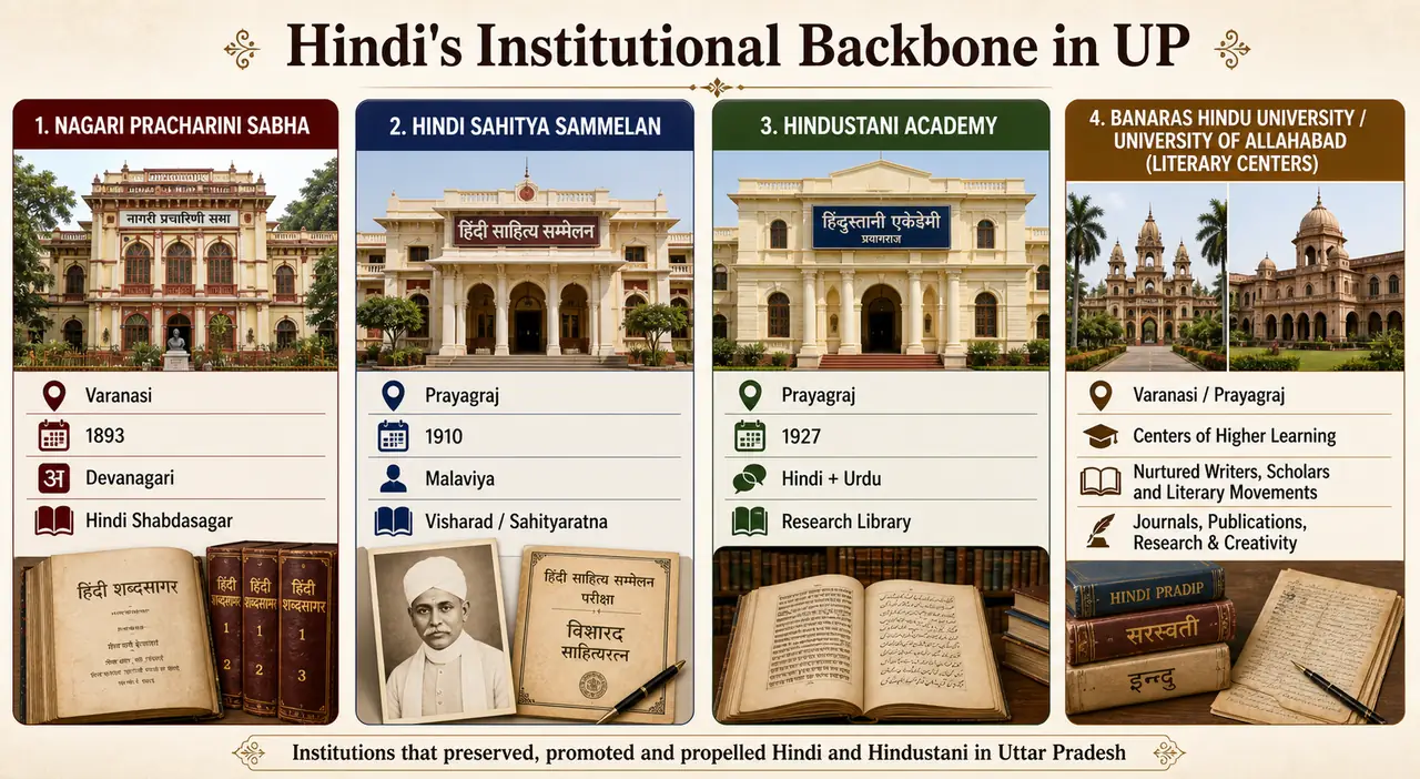 Overview of Uttar Pradesh literary institutions showing Nagari Pracharini Sabha, Hindi Sahitya Sammelan, Hindustani Academy, and major university literary centres