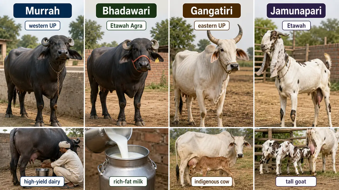 UP livestock breed comparison showing Murrah buffalo, Bhadawari buffalo, Gangatiri cow, and Jamunapari goat with their main associated regions and recall traits