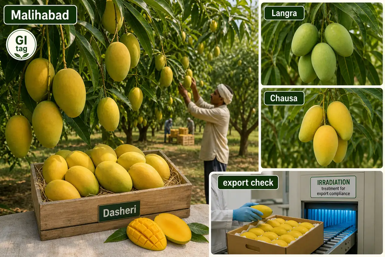 Malihabad mango orchard in Uttar Pradesh showing Dasheri as the GI tagged signature variety with Langra and Chausa as other important remembered mango types