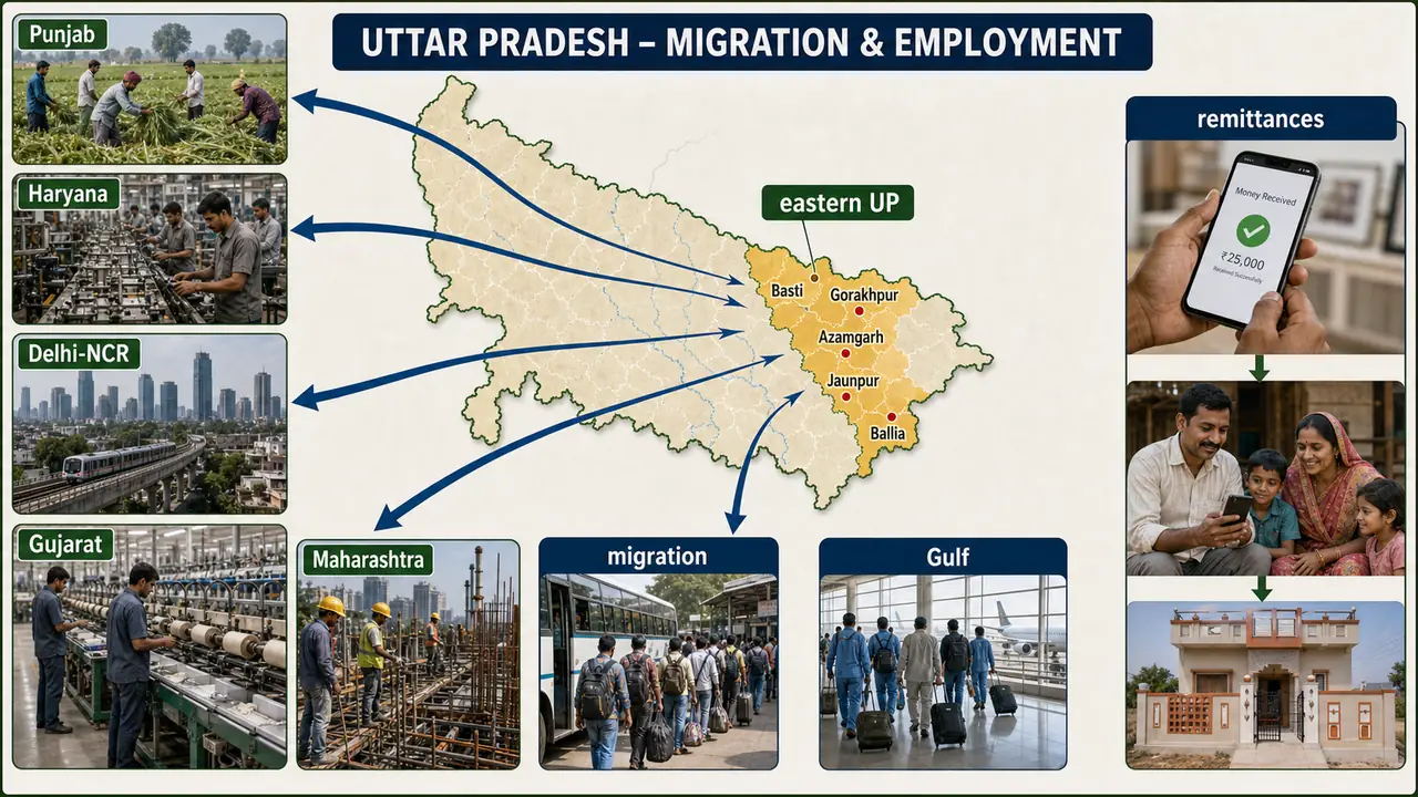 Migration map from eastern Uttar Pradesh showing worker movement to Delhi NCR, Maharashtra, Gujarat, Punjab, Haryana, and Gulf destinations