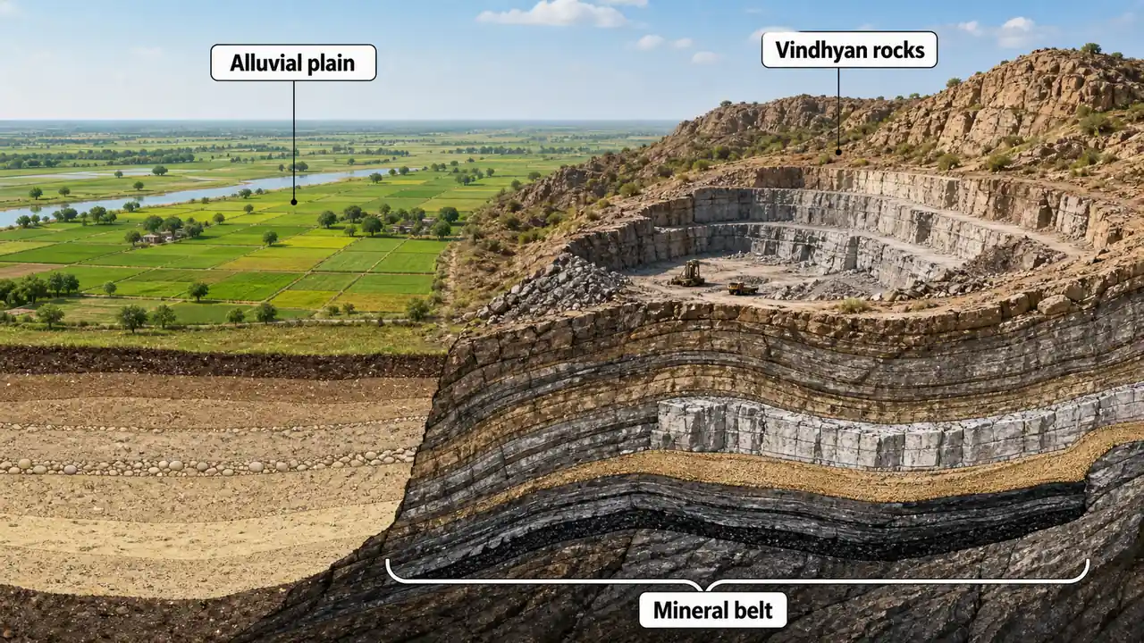Uttar Pradesh mineral belt geology showing alluvial plain and Vindhyan hard-rock formations