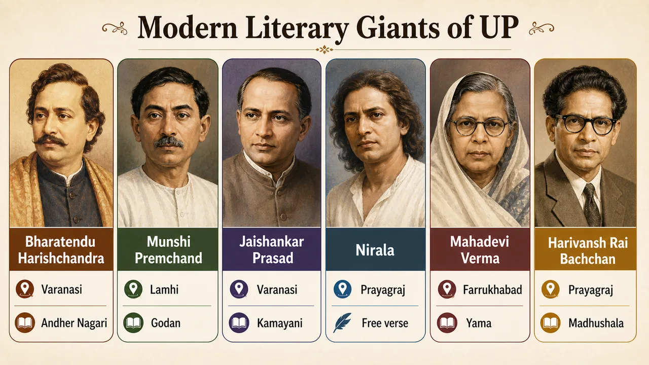 Overview of modern literary giants of Uttar Pradesh showing Bharatendu Harishchandra, Premchand, Jaishankar Prasad, Nirala, Mahadevi Verma, and Harivansh Rai Bachchan