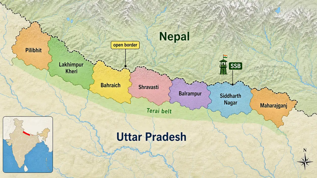 Uttar Pradesh districts bordering Nepal showing Pilibhit, Lakhimpur Kheri, Bahraich, Shravasti, Balrampur, Siddharth Nagar, and Maharajganj along the Terai belt