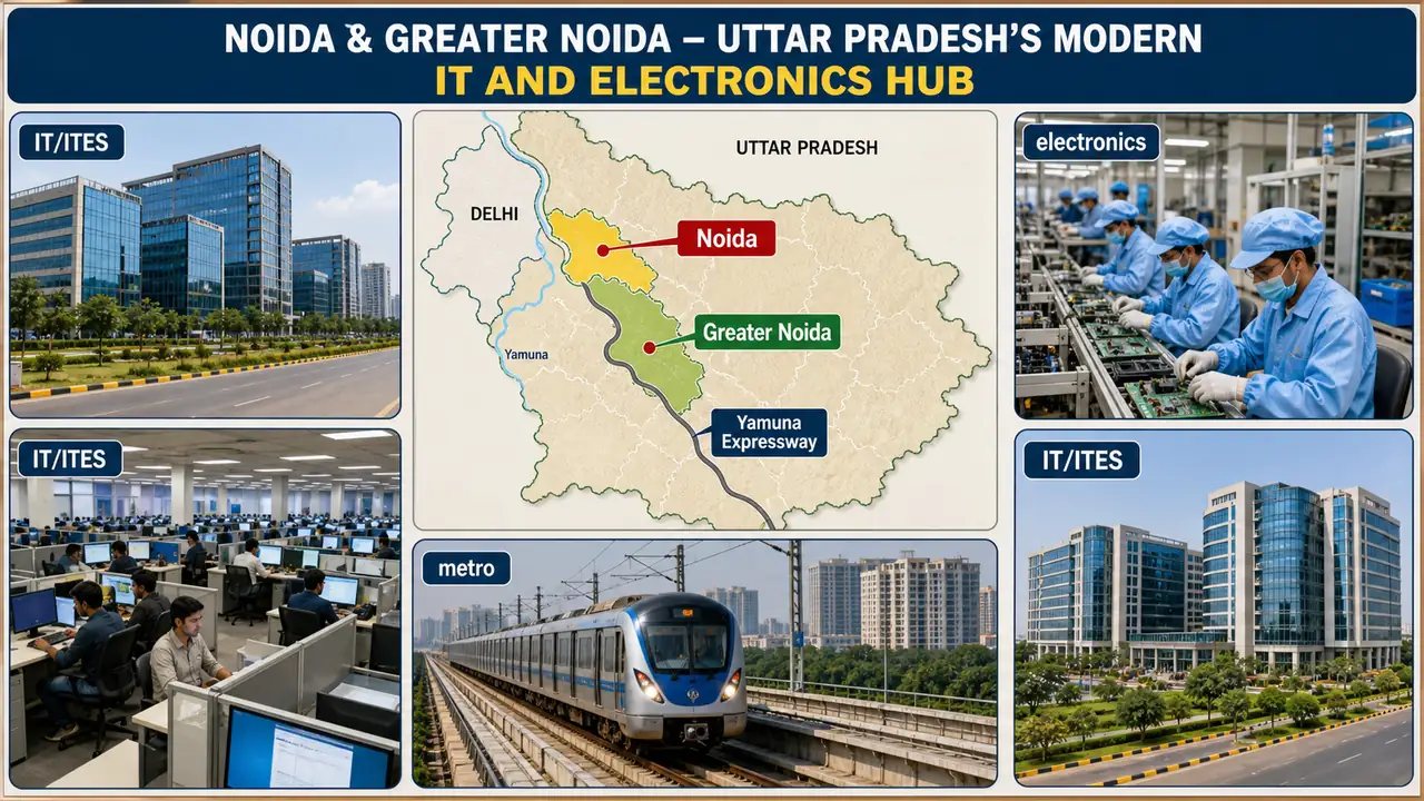 Noida and Greater Noida IT and electronics hub in Uttar Pradesh showing tech parks, electronics manufacturing, metro links, and Yamuna Expressway growth