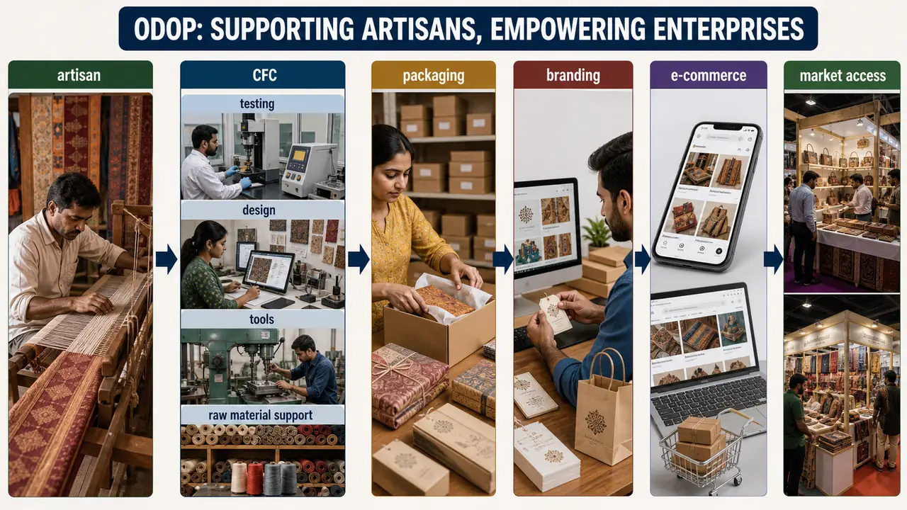ODOP support flow in Uttar Pradesh showing artisan workshop, common facility centre, packaging and branding, and e commerce market access