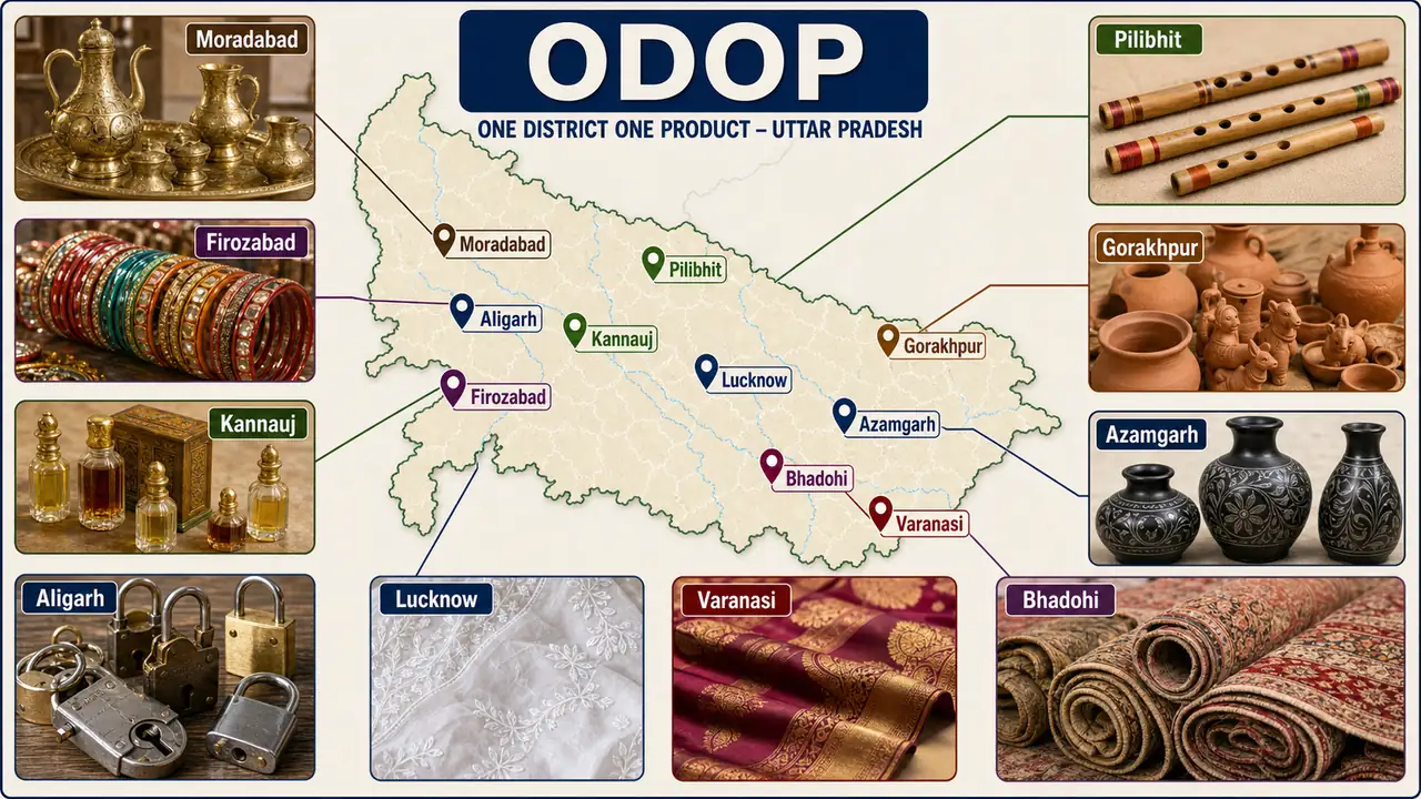 Uttar Pradesh ODOP district product map showing Lucknow chikankari, Varanasi silk, Moradabad brassware, Firozabad glass, Kannauj attar, Bhadohi carpets, and other key clusters