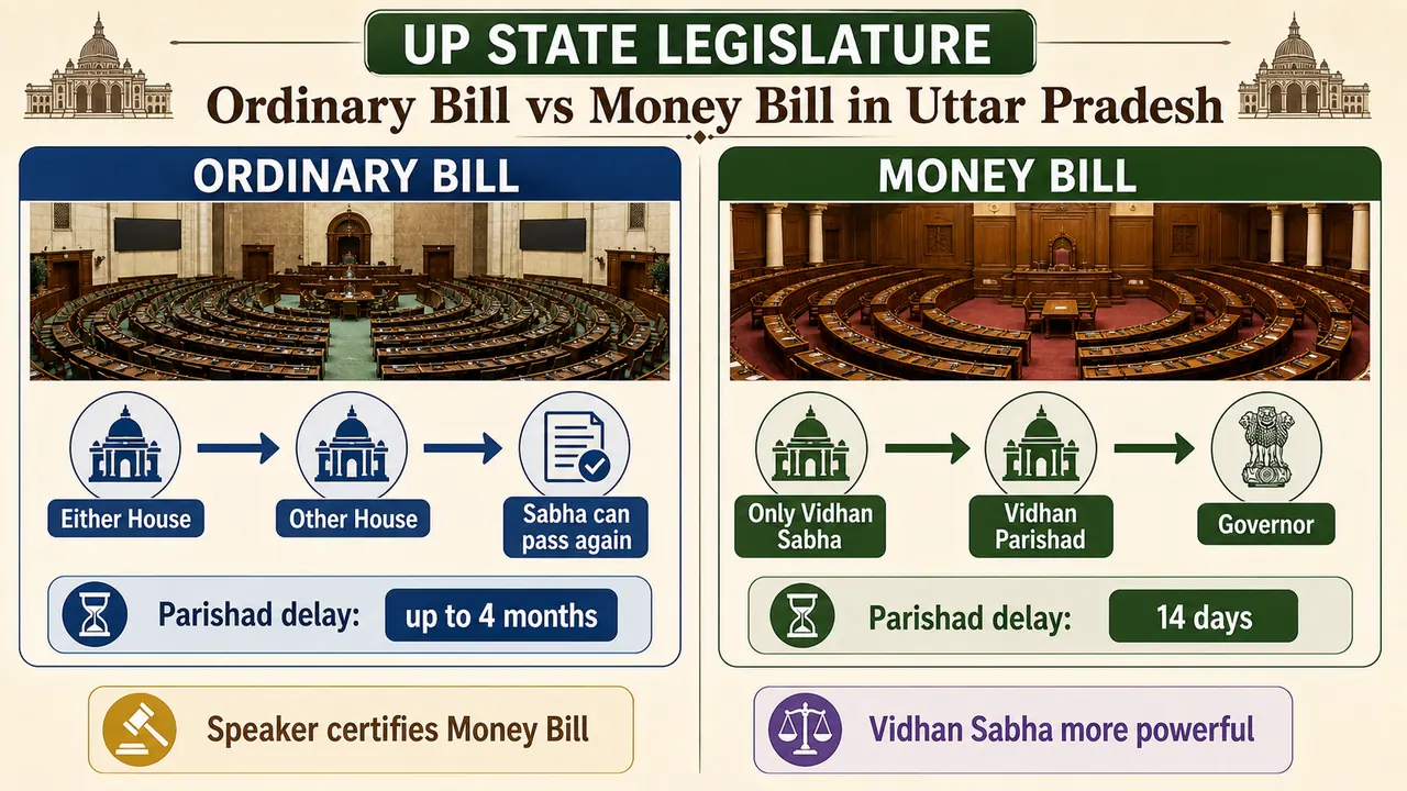 Comparison of ordinary bill and money bill process in the Uttar Pradesh legislature showing Vidhan Sabha and Vidhan Parishad powers