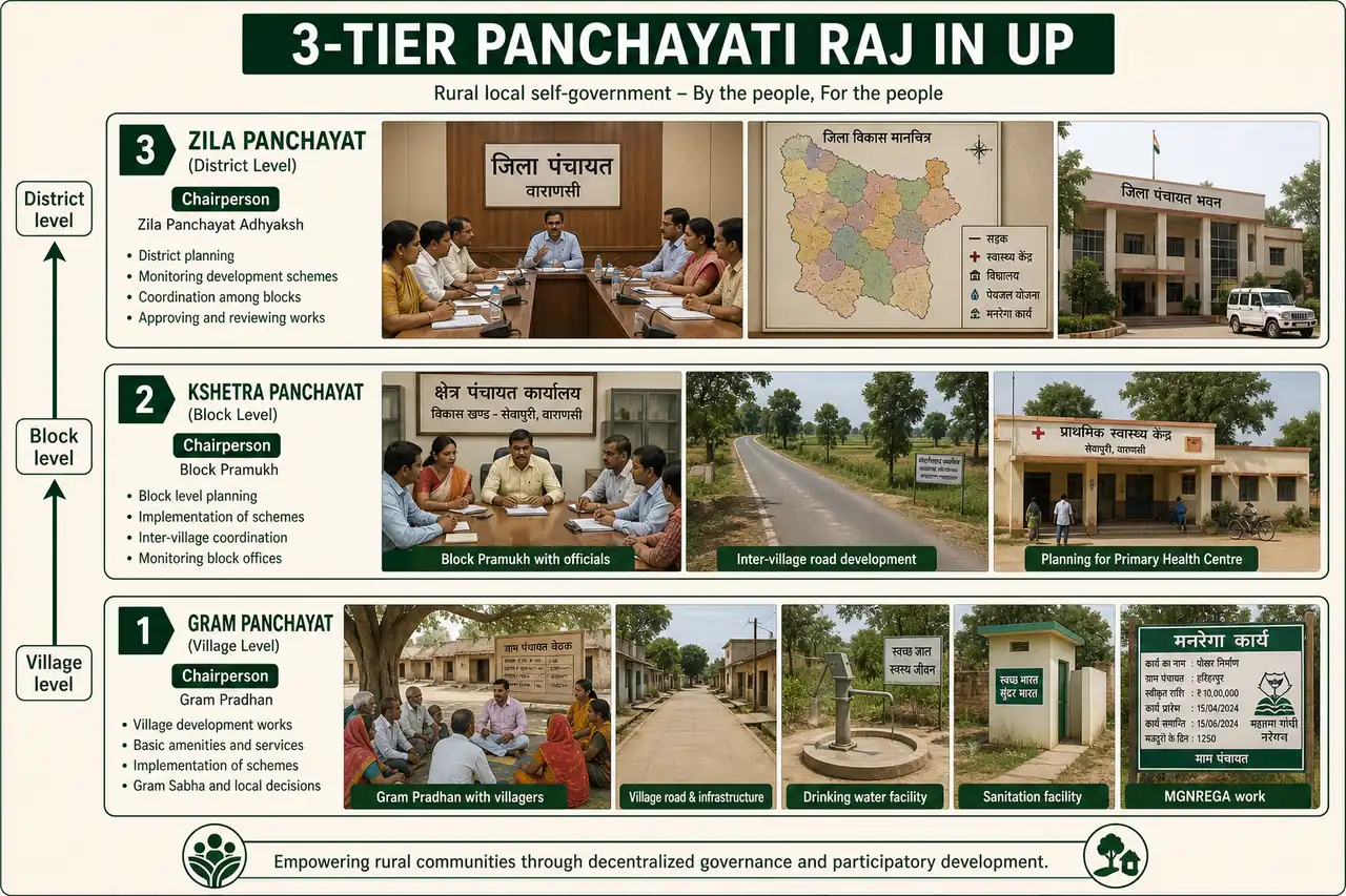 Three-tier Panchayati Raj structure in Uttar Pradesh showing Gram Panchayat, Kshetra Panchayat, and Zila Panchayat
