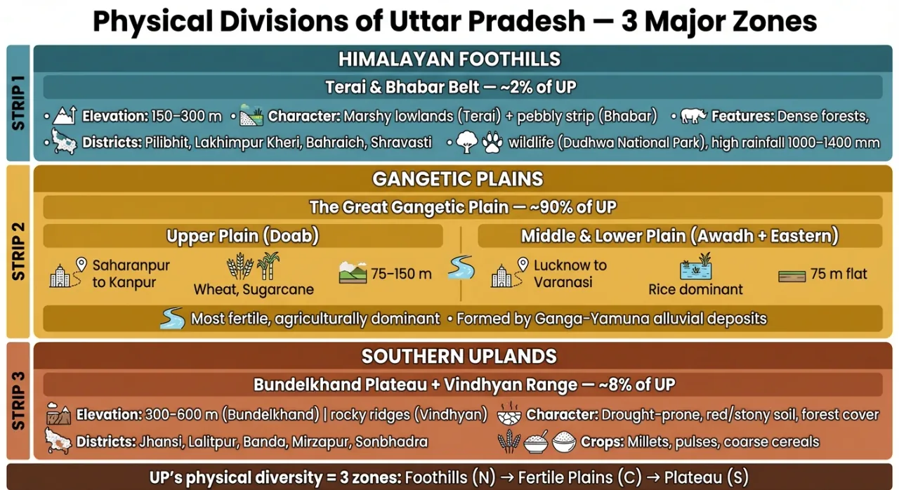 Physical divisions of Uttar Pradesh showing the Terai-Bhabar belt, Gangetic Plain, and southern Vindhyan uplands
