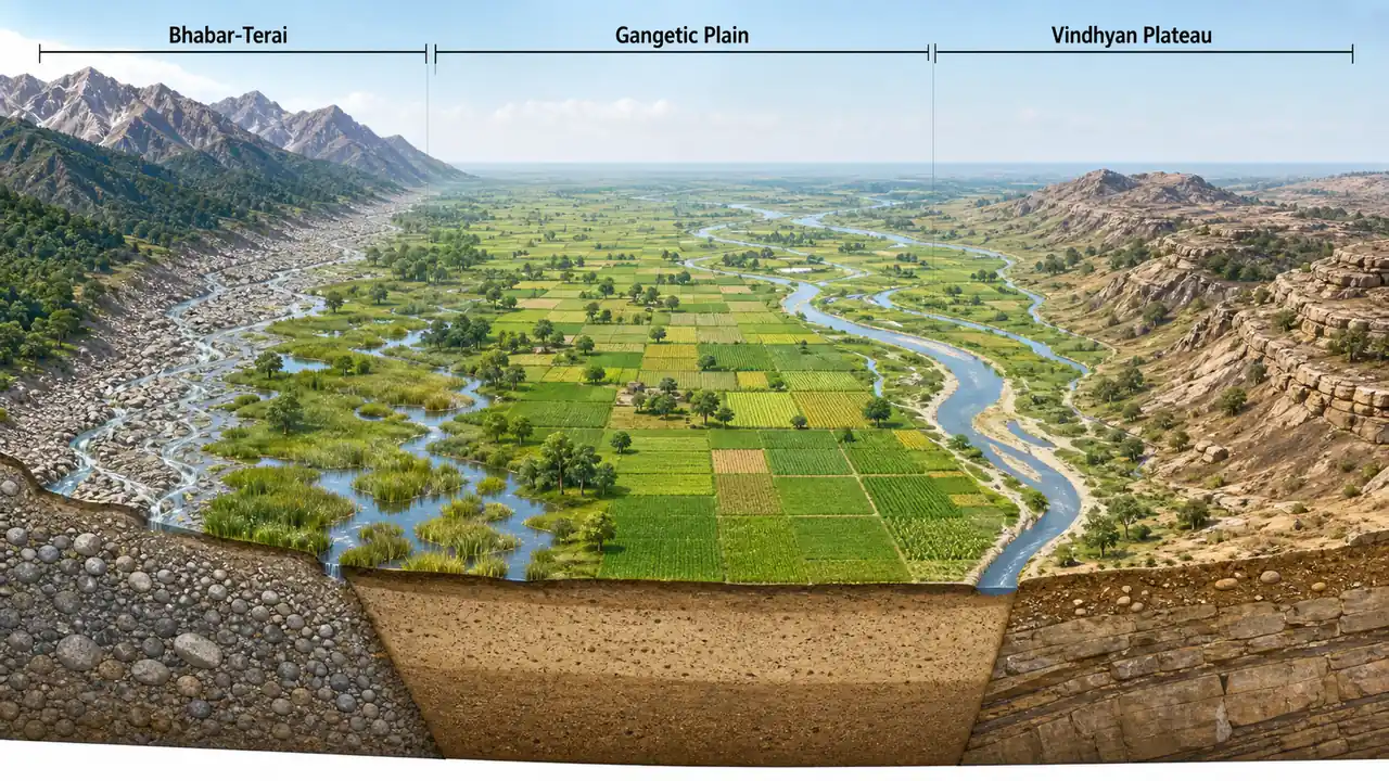 Uttar Pradesh physical divisions cross section showing Terai Bhabar Gangetic Plain and Vindhyan Plateau