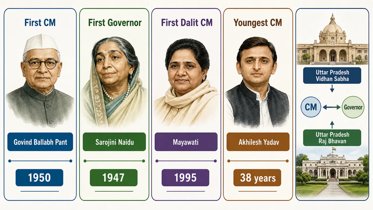 Uttar Pradesh political firsts showing Govind Ballabh Pant as first chief minister, Sarojini Naidu as first governor, Mayawati as first Dalit chief minister, and Akhilesh Yadav as youngest chief minister