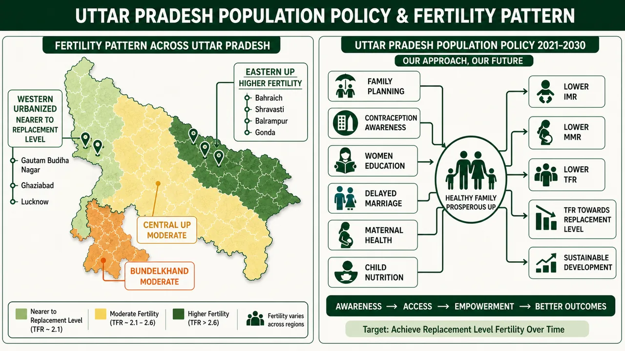 Uttar Pradesh population policy showing higher fertility in eastern districts and the policy path toward replacement-level fertility