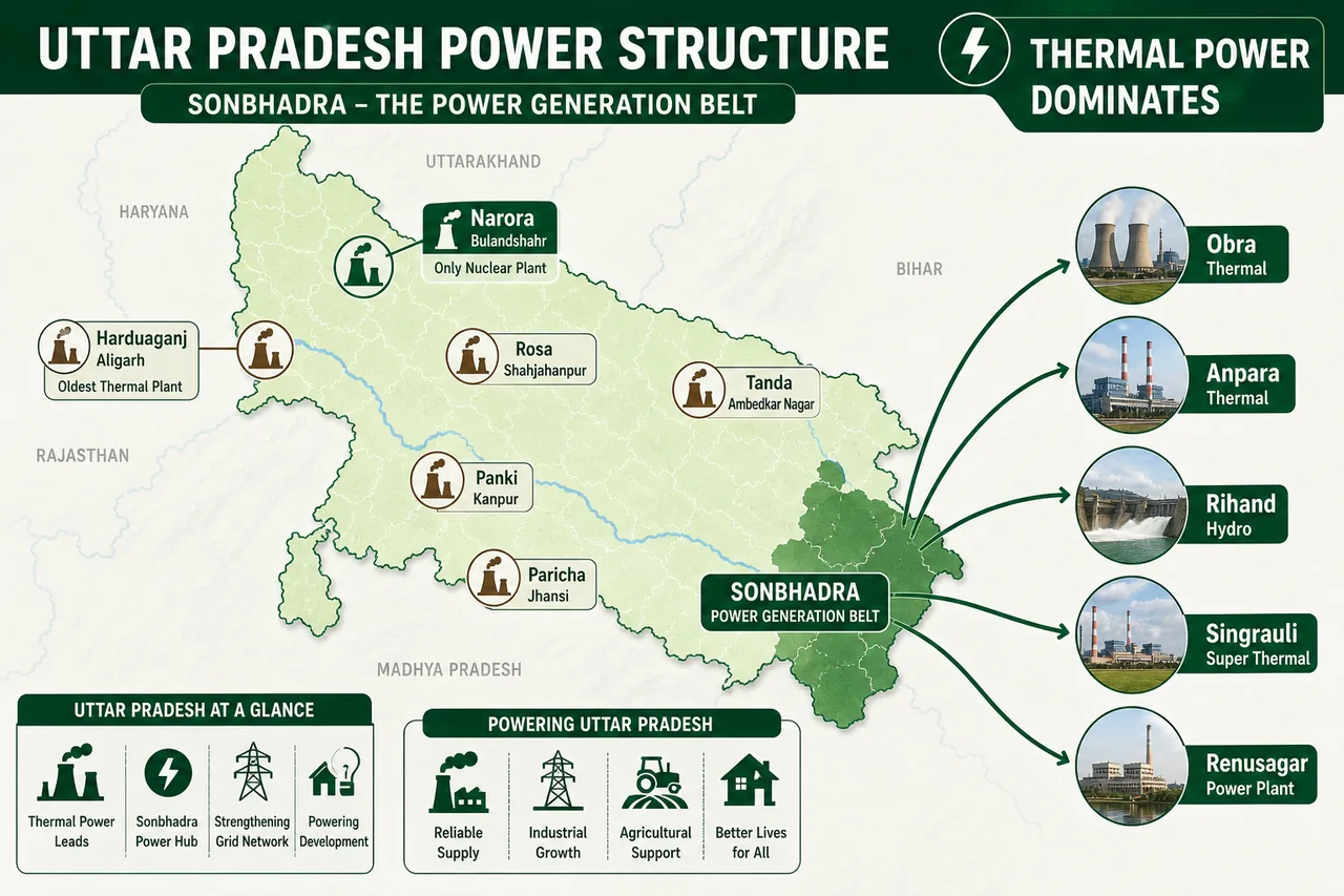 Uttar Pradesh power structure map showing Sonbhadra generation belt thermal dominance and Narora as the only nuclear plant