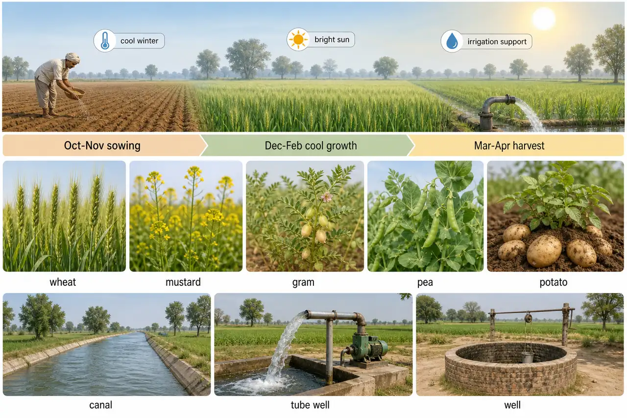 Rabi crop calendar in Uttar Pradesh showing sowing, cool winter growth, harvest timing, major crops, and irrigation support from canal, tube well, and wells