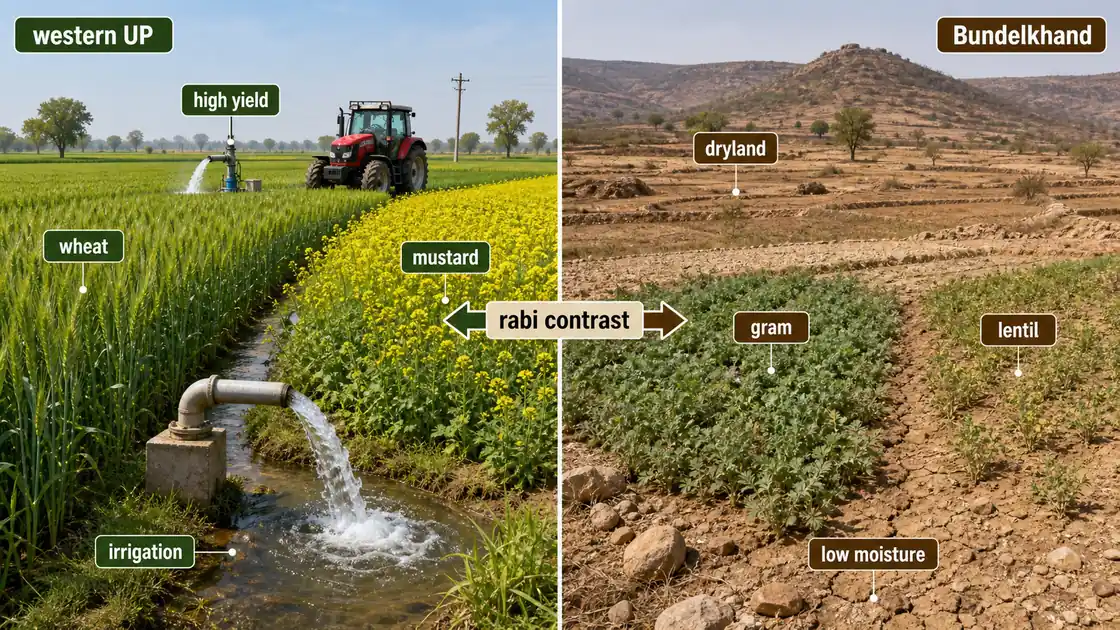 Contrast between irrigated western Uttar Pradesh rabi fields dominated by wheat and mustard and the drier Bundelkhand belt where gram and lentil suit low moisture conditions