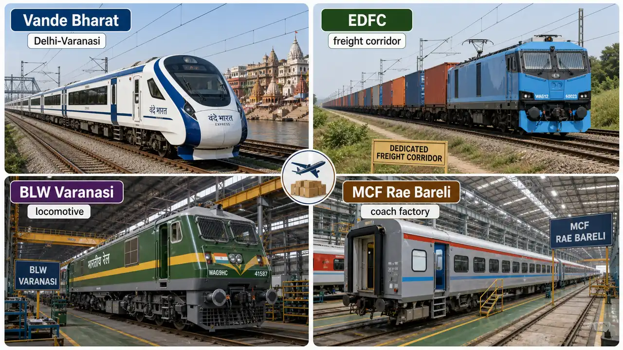 Modern railway projects in Uttar Pradesh showing Delhi Varanasi Vande Bharat, the Eastern Dedicated Freight Corridor, BLW Varanasi locomotive manufacturing, and MCF Rae Bareli coach production