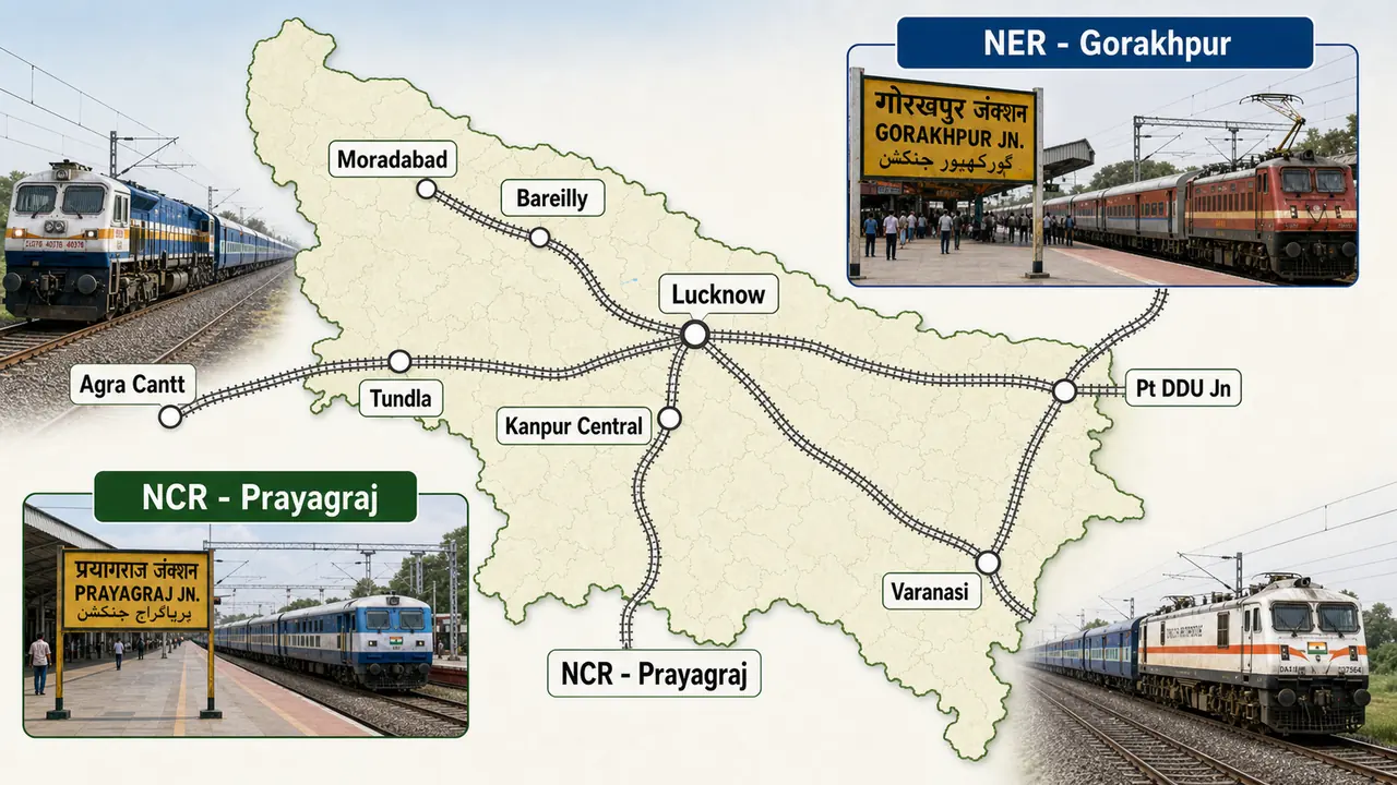 UP railway map showing NER headquarters at Gorakhpur, NCR headquarters at Prayagraj, and major junctions like Lucknow, Kanpur Central, Varanasi, Pt DDU Junction, Agra Cantt, Moradabad, Bareilly, and Tundla