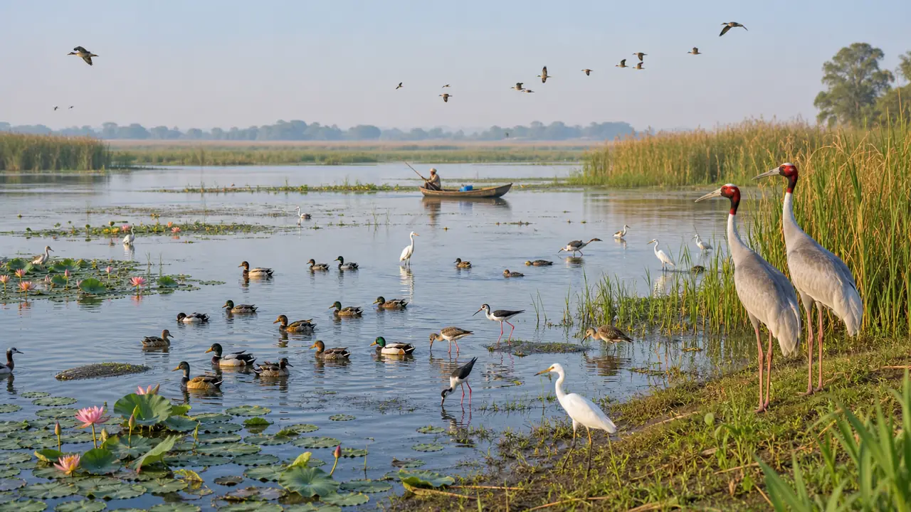 Uttar Pradesh Ramsar wetland habitat showing shallow water birds reed beds and local wetland ecosystem