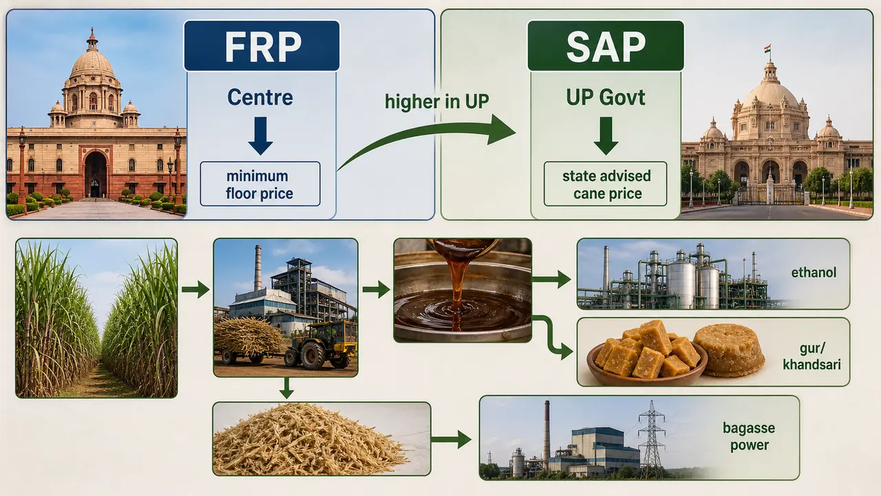 Uttar Pradesh sugarcane economy showing FRP versus SAP and the sugar to ethanol, bagasse power, and gur khandsari value chain