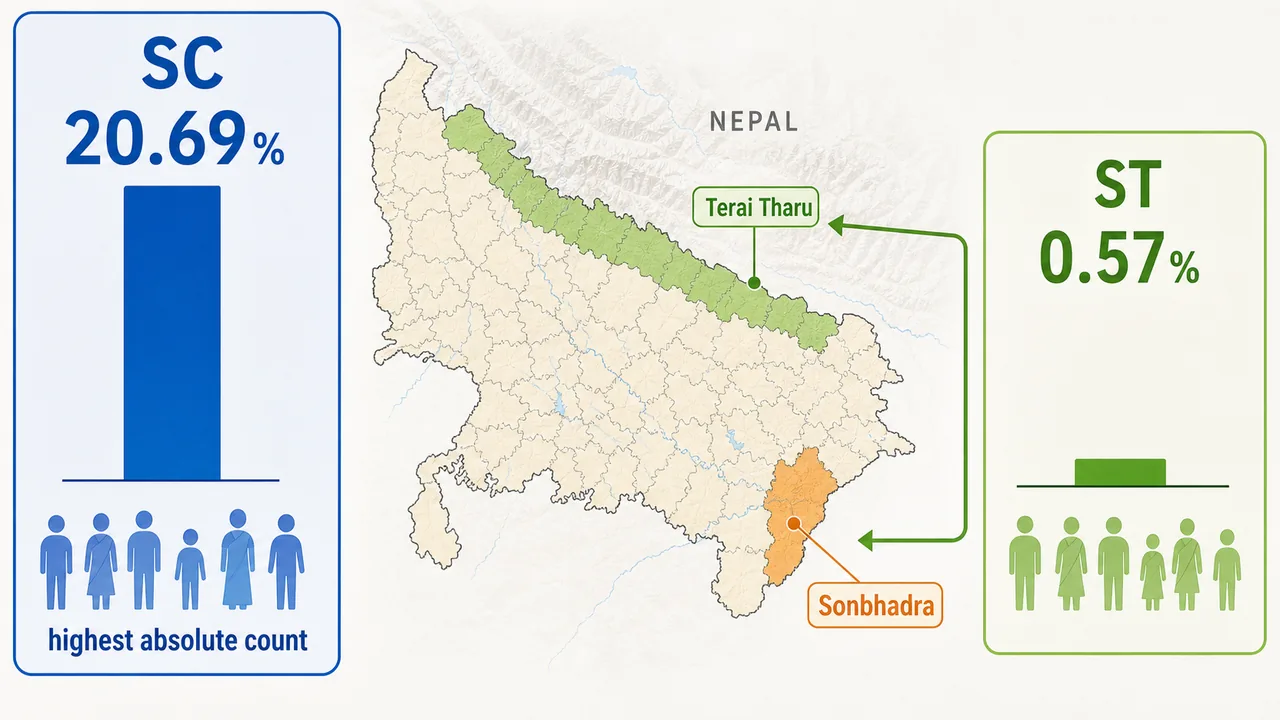 Uttar Pradesh SC and ST demography contrast showing SC 20.69 percent with highest absolute count and ST 0.57 percent concentrated in Sonbhadra and the Terai Tharu belt