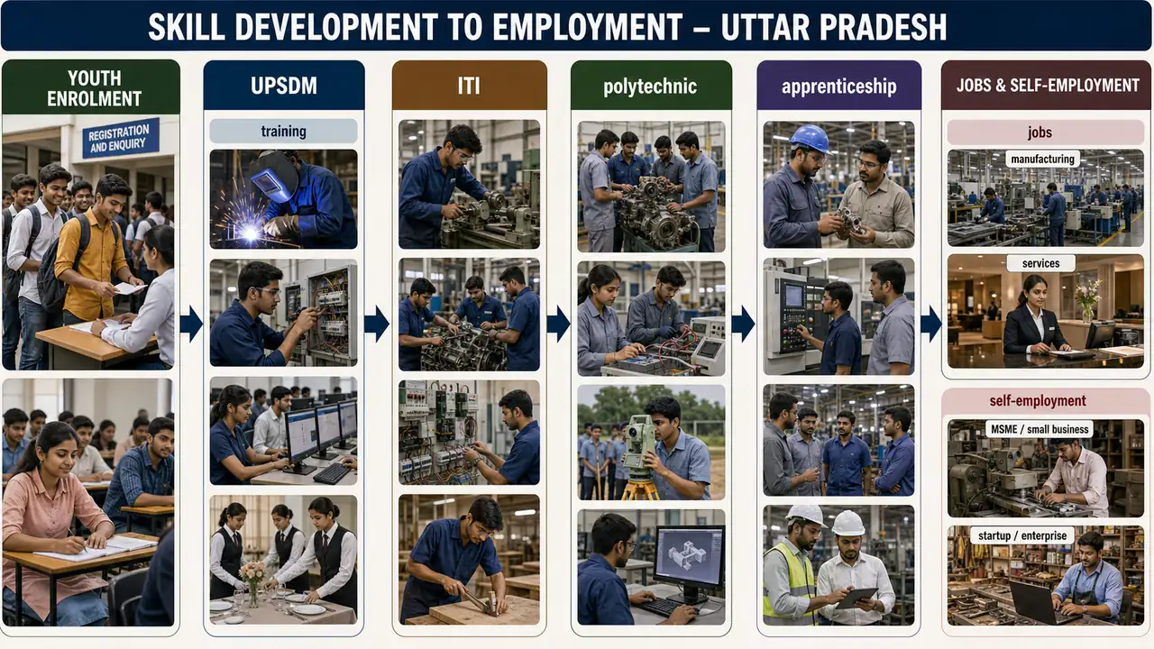 Uttar Pradesh skill development pipeline showing UPSDM training, ITI and polytechnic education, apprenticeship, jobs, and self employment pathways