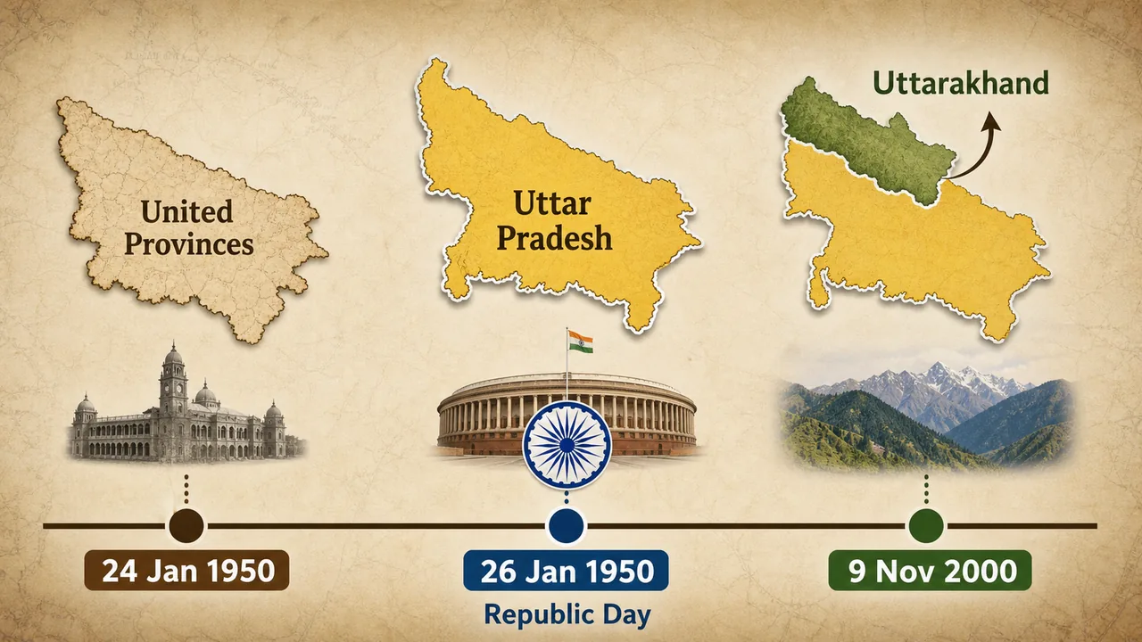 Uttar Pradesh state identity timeline showing 24 January 1950 rename, 26 January 1950 Republic Day, and 9 November 2000 Uttarakhand separation