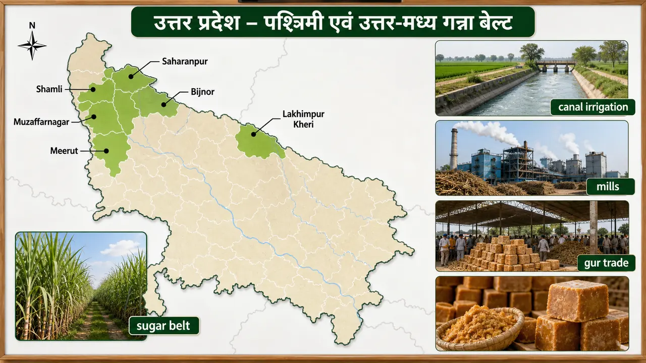 Western Uttar Pradesh sugar belt showing major sugarcane districts, mills, canal irrigation, and gur trade links
