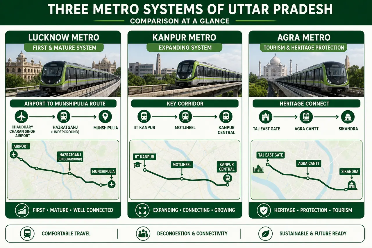 Comparison of Lucknow Metro Kanpur Metro and Agra Metro showing route identity and city role in Uttar Pradesh