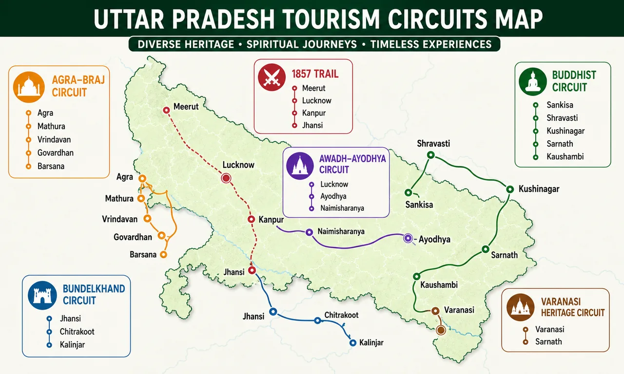 Map of major Uttar Pradesh tourism circuits including Agra Braj Buddhist Awadh Ayodhya Bundelkhand Varanasi heritage and 1857 trail