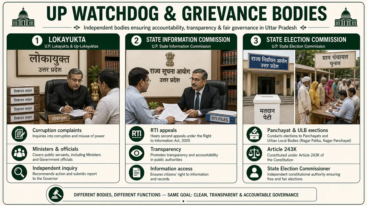 UP watchdog and grievance bodies showing Lokayukta, State Information Commission, and State Election Commission