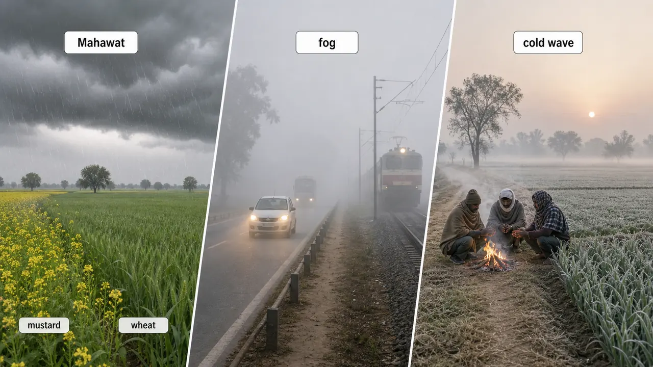 Uttar Pradesh winter weather showing Mahawat rain from western disturbances, dense fog over the Gangetic Plain, and cold-wave conditions affecting wheat and mustard fields