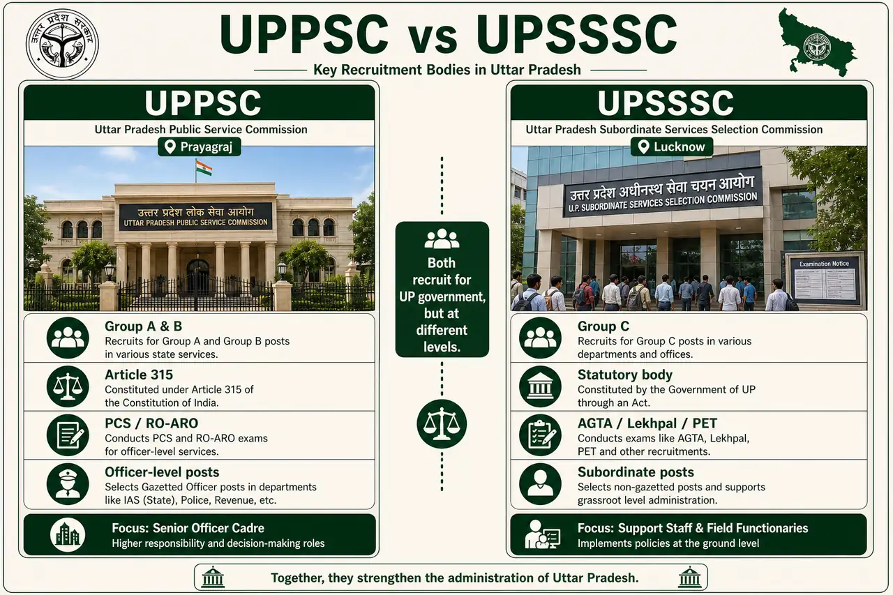 UPPSC versus UPSSSC comparison showing recruitment level, headquarters, and key examinations in Uttar Pradesh