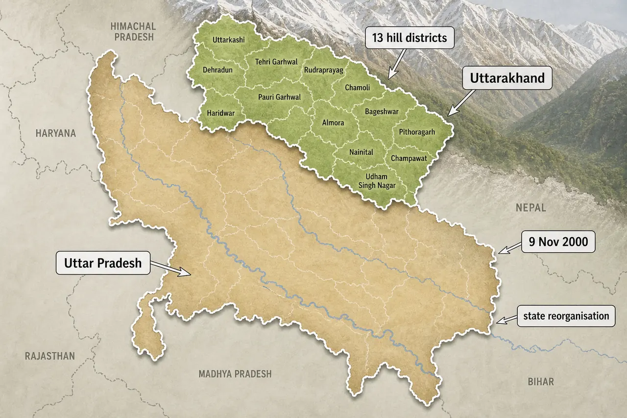 Creation of Uttarakhand from Uttar Pradesh in 2000 showing the 13 northwestern hill districts separated under the state reorganisation