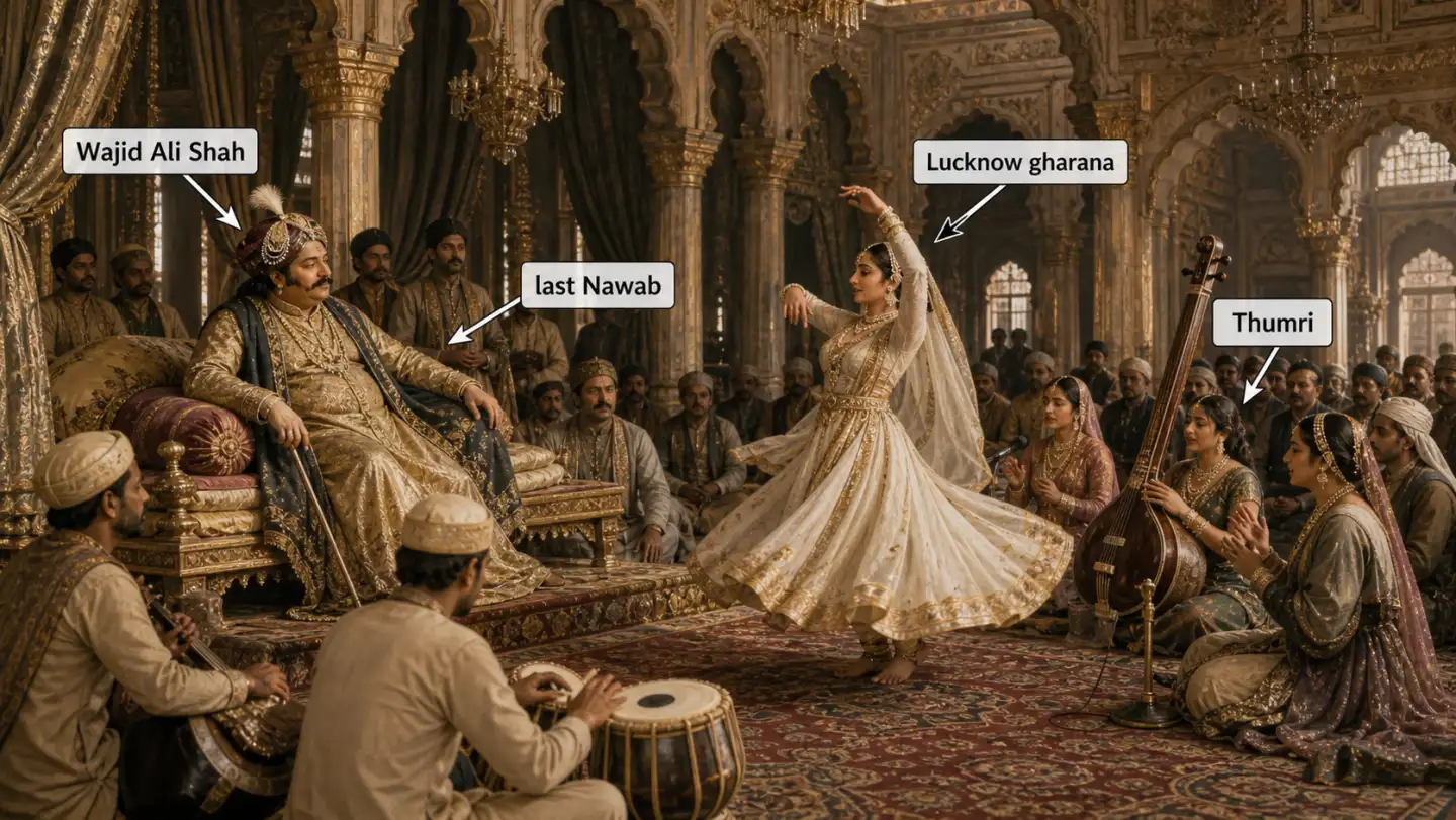 Wajid Ali Shah in the Lucknow court representing the last Nawab of Awadh before the British annexation of 1856