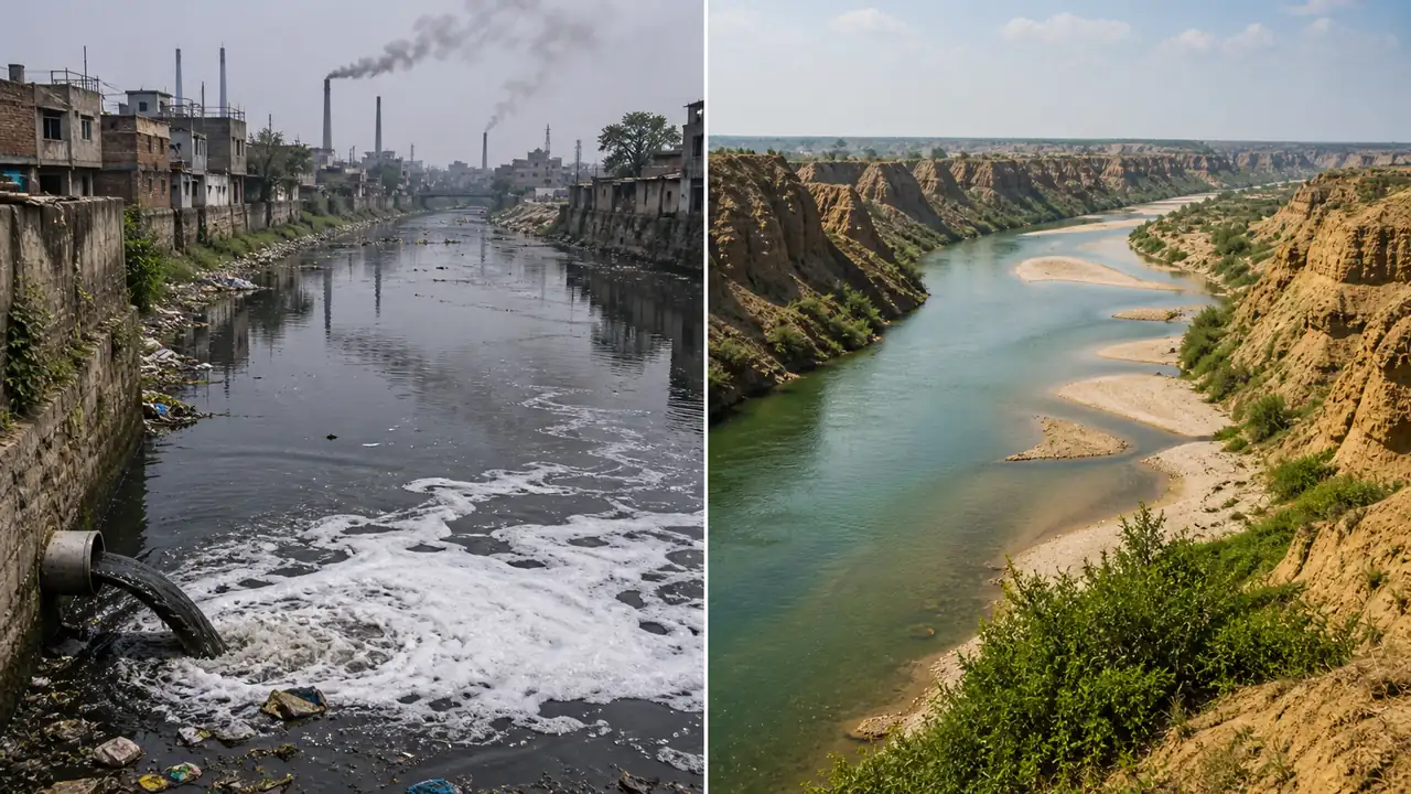 Western Uttar Pradesh river contrast showing polluted urban tributary and clean Chambal ravine river