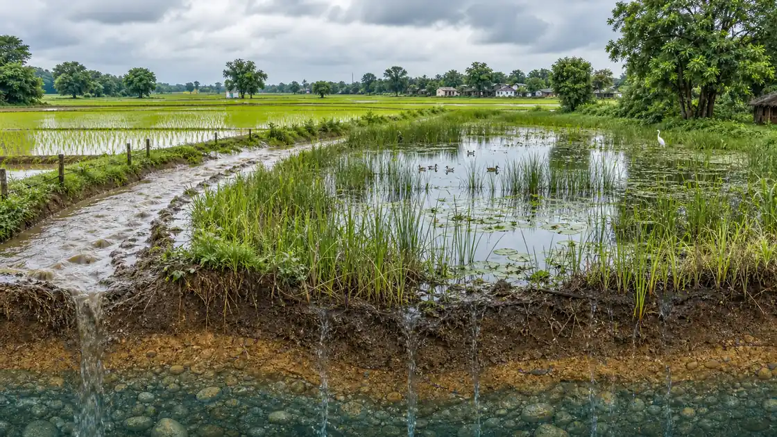 UP wetland sponge function showing stored monsoon runoff and groundwater recharge near fields