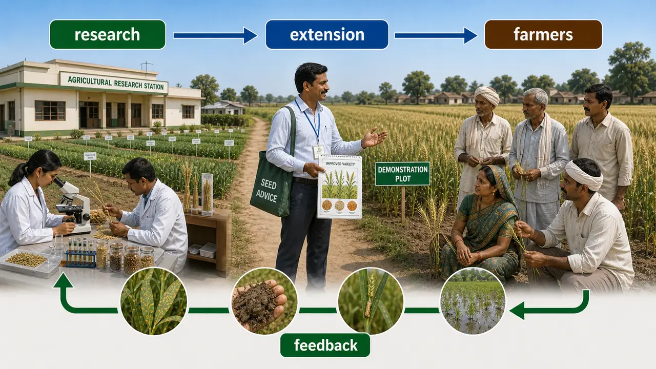 Two-way extension flow connecting agricultural research, extension workers, and farmers with field feedback