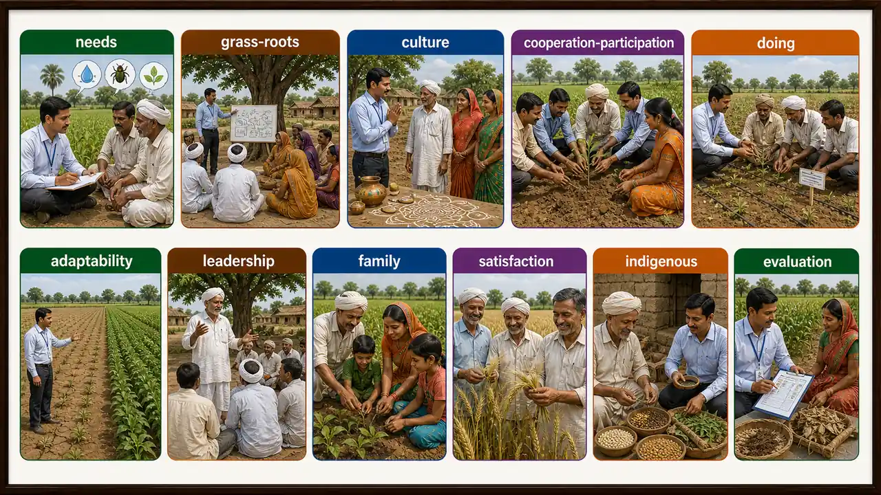 Eleven principles of extension education shown as practical village-level actions