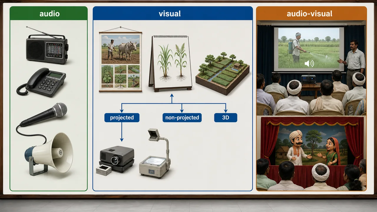 Classification of audio, visual, and audio-visual aids used in agricultural extension teaching