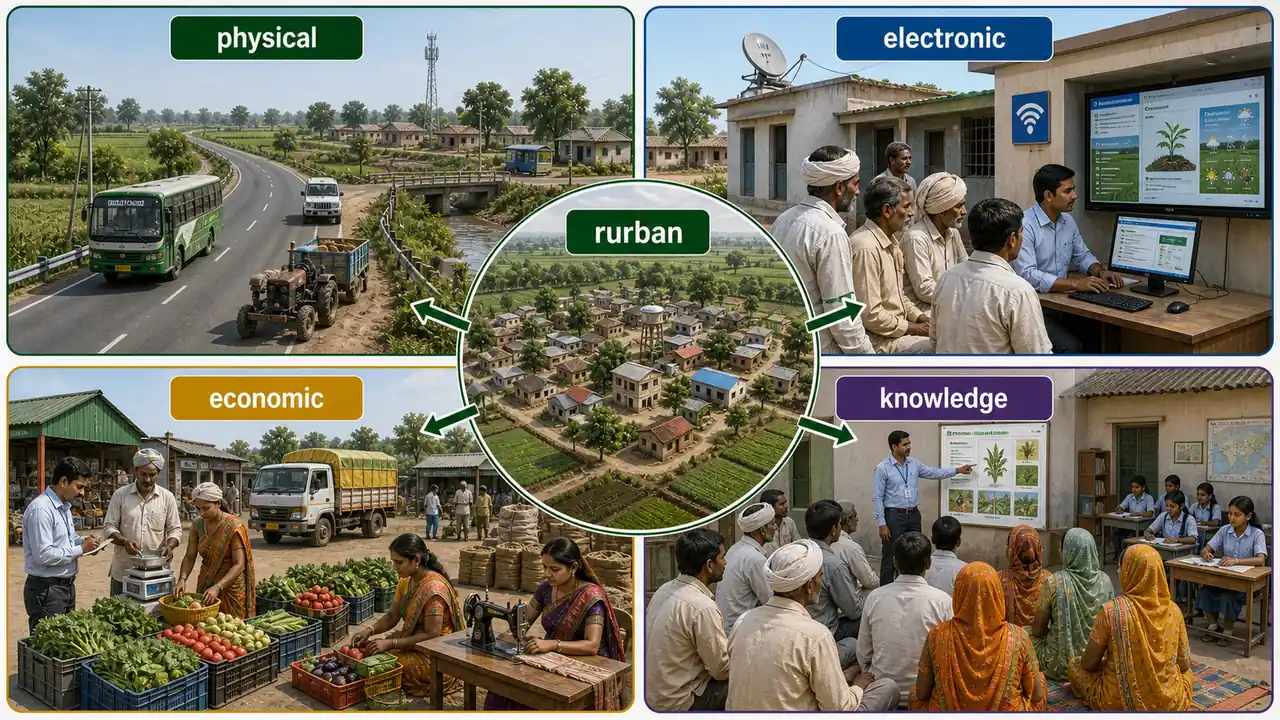 PURA and Rurban development showing physical, electronic, economic, and knowledge connectivity around a rural cluster
