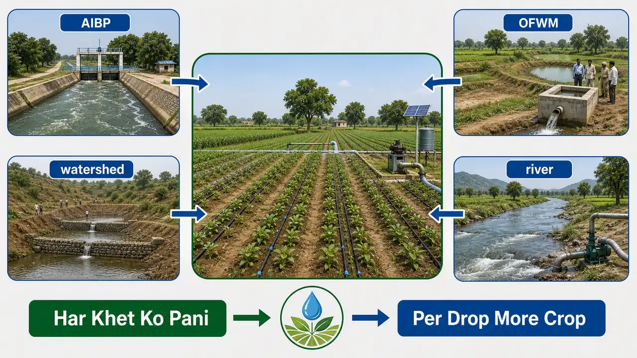 PMKSY convergence showing AIBP, OFWM, watershed, and river resources feeding irrigation and per-drop-more-crop outcomes