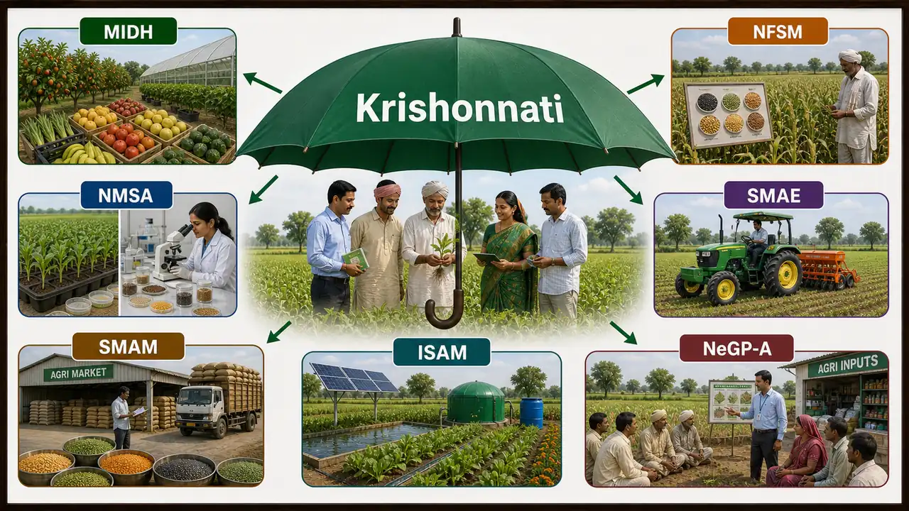 Krishonnati Yojana shown as an umbrella covering horticulture, food security, sustainable agriculture, extension, mechanization, marketing, and digital agriculture schemes